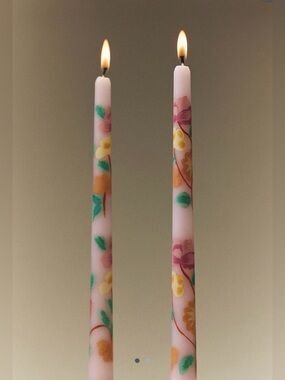 Anthropologie Floral Jade Taper Candles in Pink, Set of 2
